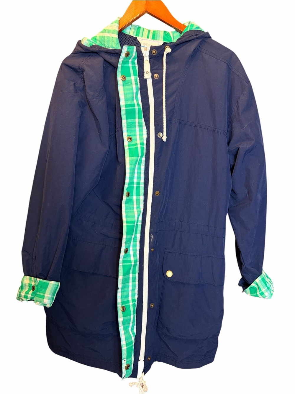 Navy Rain Coat Plaid Heritage Checks Gingham Cotton Lined Hood Pockets Columbia